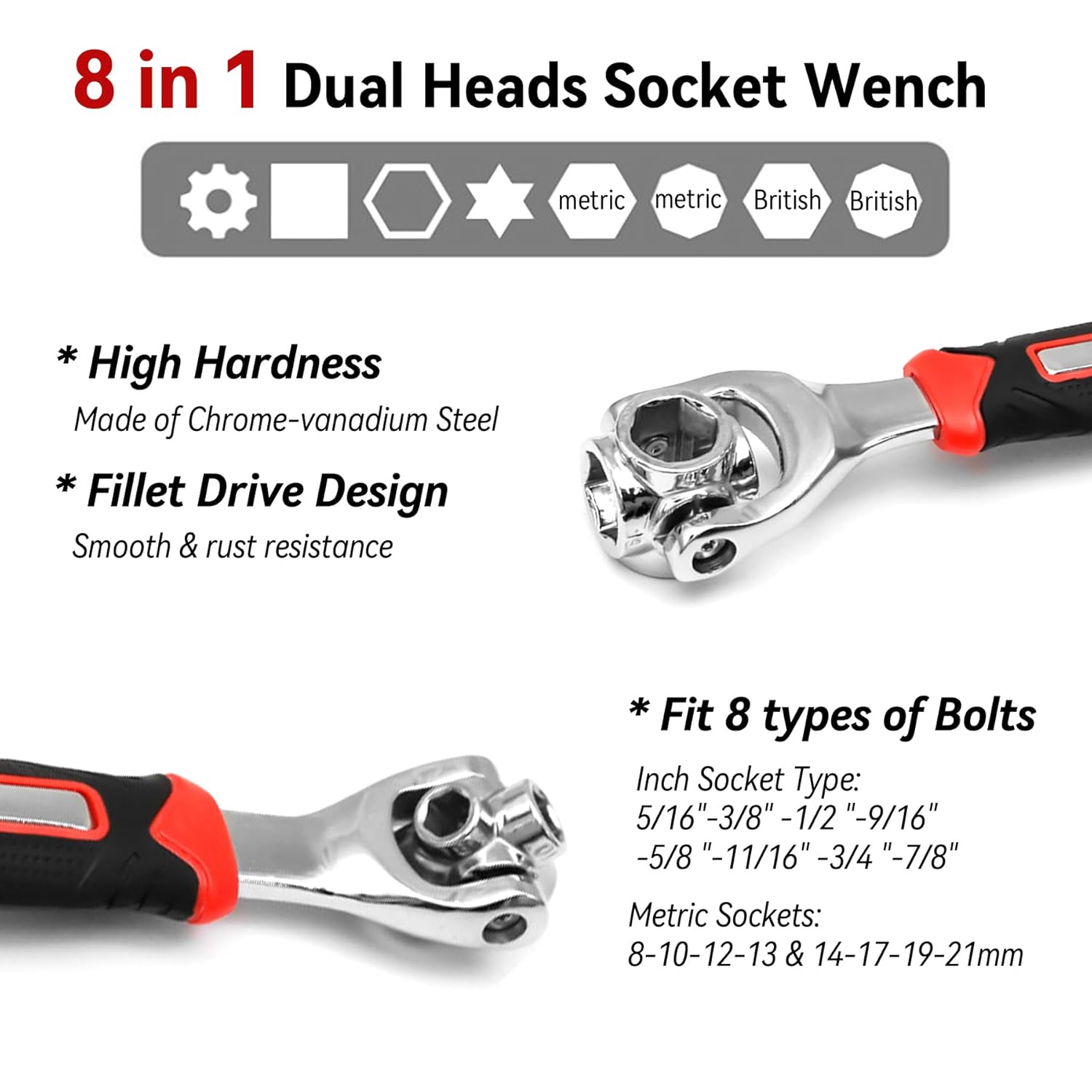 8 in 1 Socket Wrench Multi-function Wrench Tool with 360° Rotating