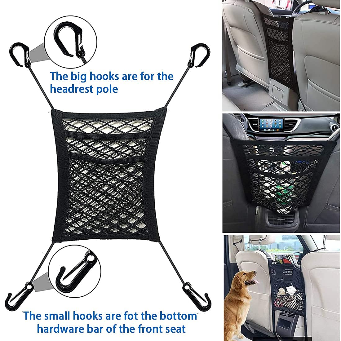 3-Layer Car Mesh Organizer, Seat Back Net Bag, Barrier of Backseat Pet Kids, Cargo Tissue Purse Hold (NC-49)